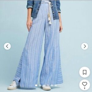 ETT:TWA Anthropologie Linen Blue Striped Wide-Leg Pants Palazzo Pants Coastal  6